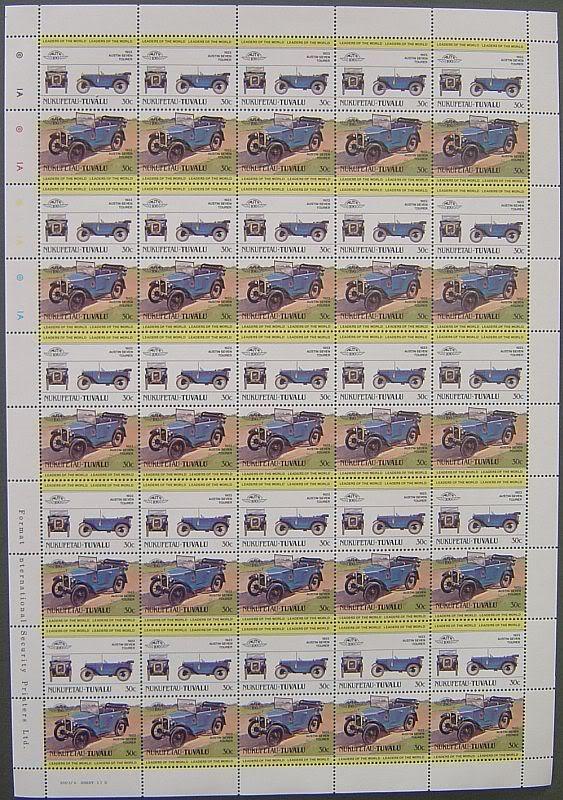 1923 AUSTIN SEVEN 7 Chummy Baby Tourer Car 50-Stamp Sheet 1984 Nukufetau TUVALU