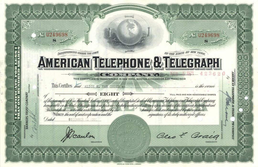 American Telephone and Telegraph - dated 1940\'s-50\'s Communications Stock Certif