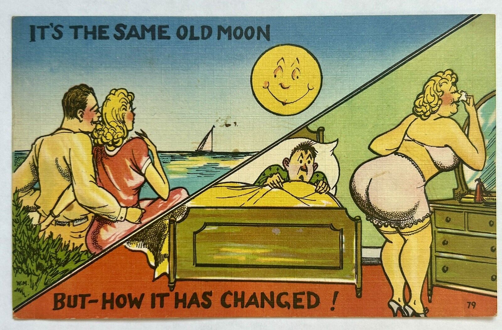 Same Old Moon. Funny Vintage Postcard. Woman’s Butt Gets Bigger.