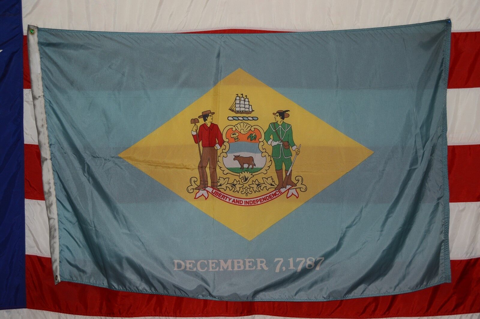 Great Old Vintage 5\' x 3\' Nylon Delaware State Flag Dec.1787 Hung At VFW Lodge 