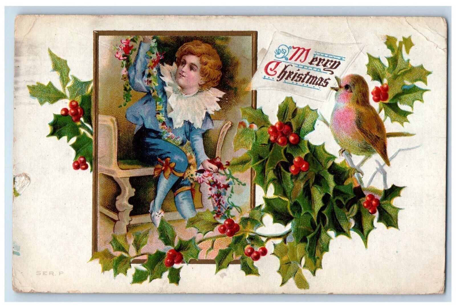 1909 Merry Christmas Boy Sitting Holly Berries Singing Bird Embossed Postcard