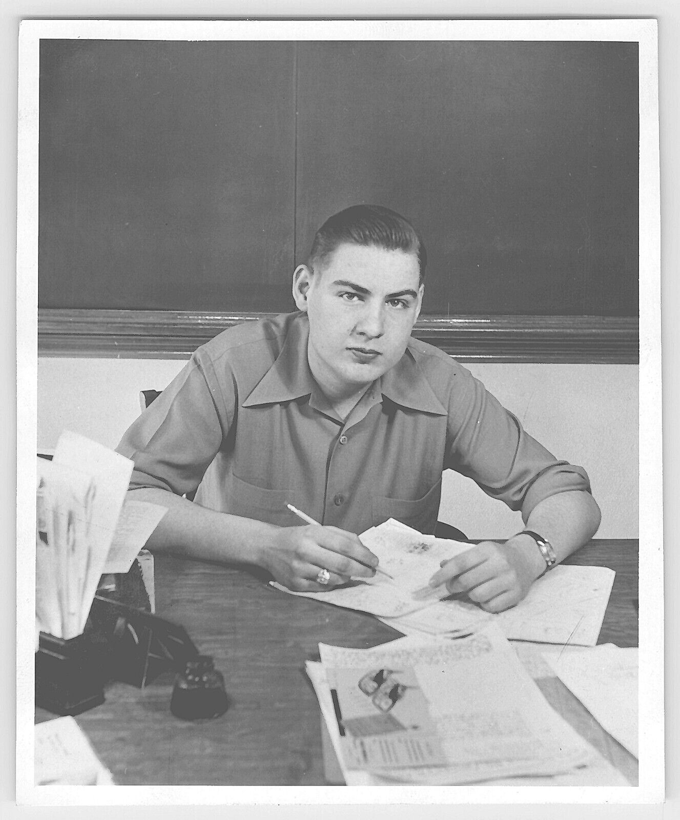 5Y Photograph Candid Portrait Young Man High School Student Taking Test 1950\'s