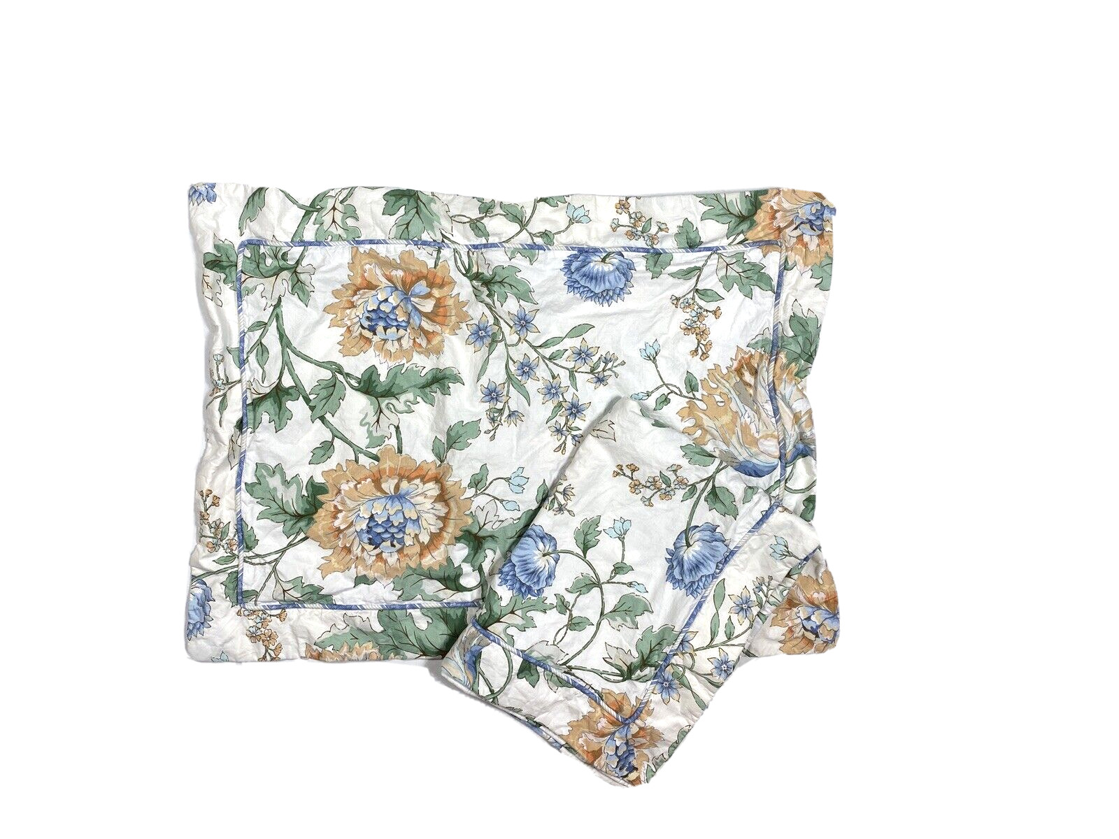 Vintage Pair Handmade Shams Pillowcases Floral Indienne Blue Green White Cotton
