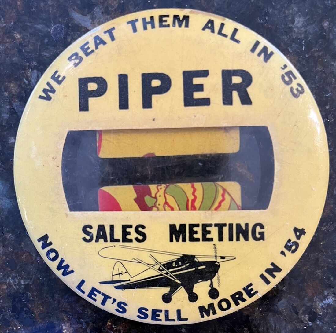 VTG PIPER Airplane 1953 Sales Meeting Pinback Name Tag Sell More In 54 RARE