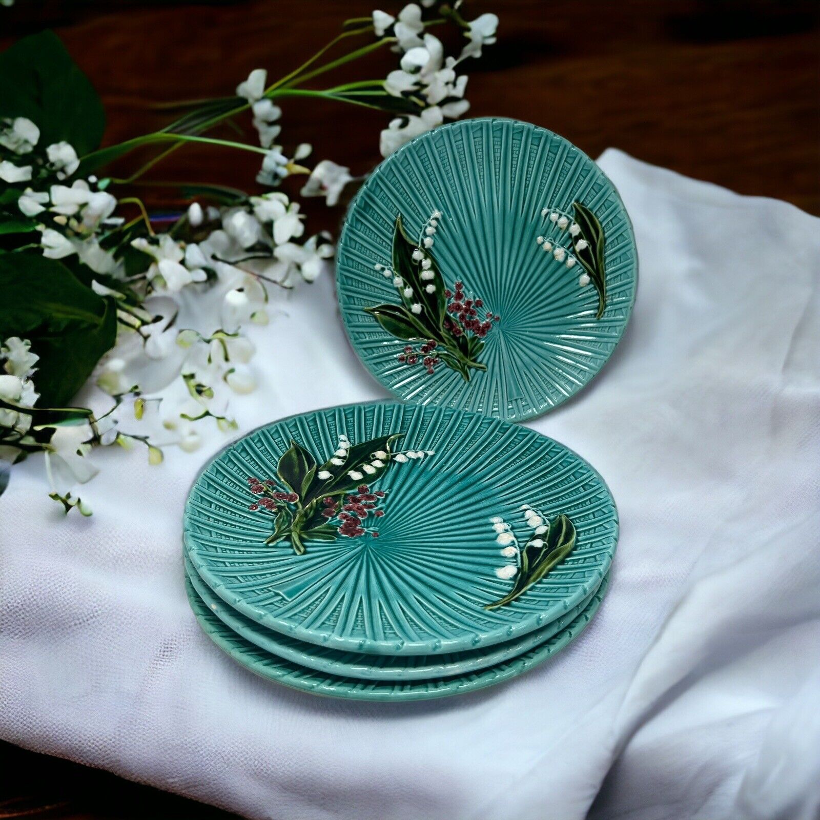 4 Antique 1920s Schramberg Majolica Lily of the Valley Green Plate Germany  11.5