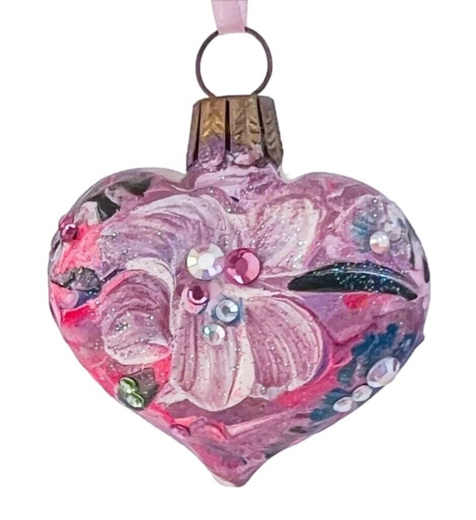 Vintage Natalie Sarabella Mini Heart Shape Floral Glass Ornament