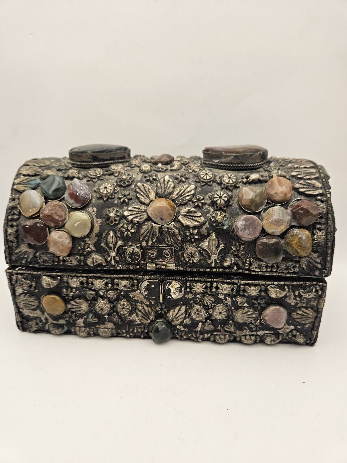 Moroccan Wedding Silvered Jewelry Box Inlaid Semi Precious Stones A/IS No Latch