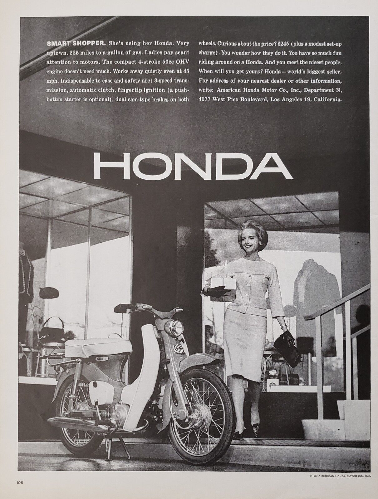 1963 Honda Motorcycle 225 Miles To The  Gallon  3 Speed Transmission Print Ad