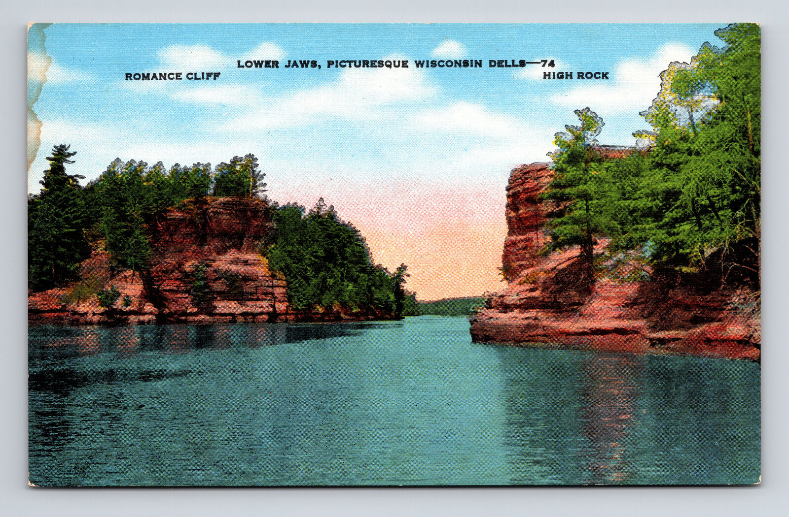 Linen Postcard Wisconsin Dells WI Lower Jaws Romance Cliff High Rock