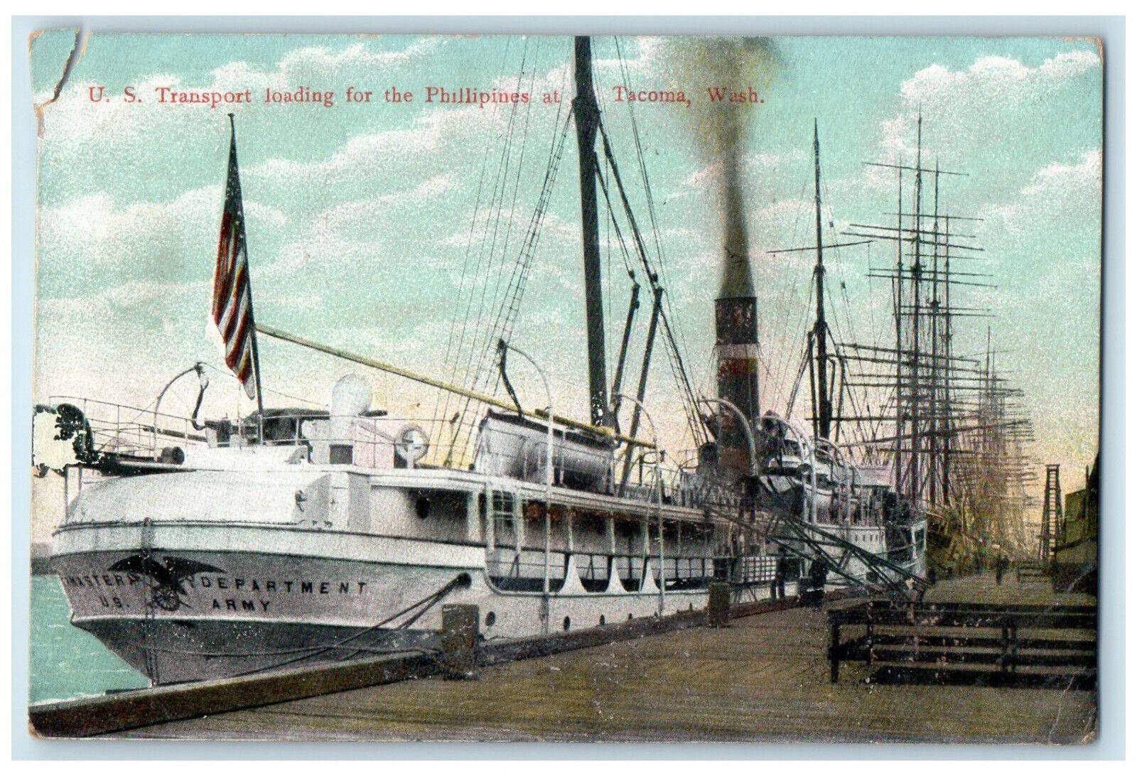 c1910 U.S. Transport Loading for the Philippines Tacoma Washington WA Postcard