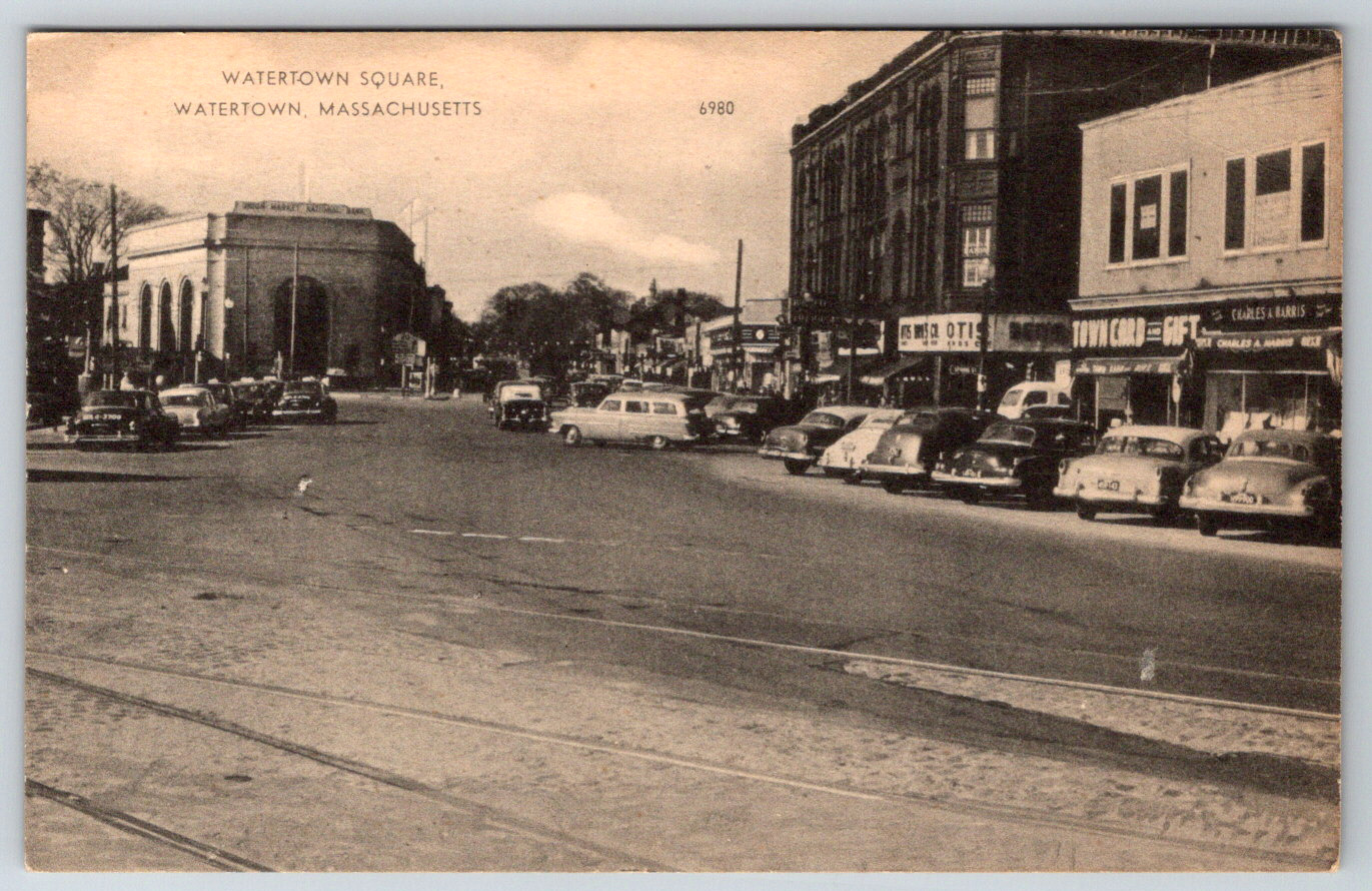 c1960s Watertown Square MA Street View Vintage Postcard
