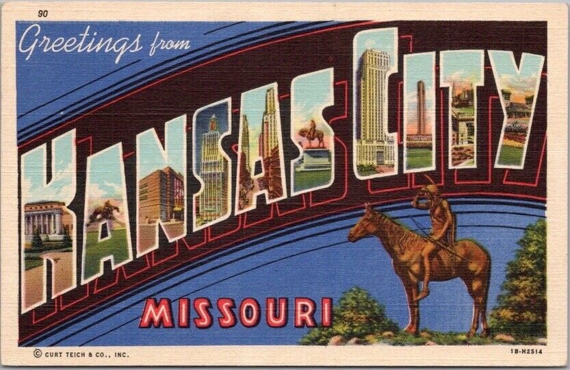 KANSAS CITY Missouri Large Letter Postcard Multi-View / Curteich Linen Unused