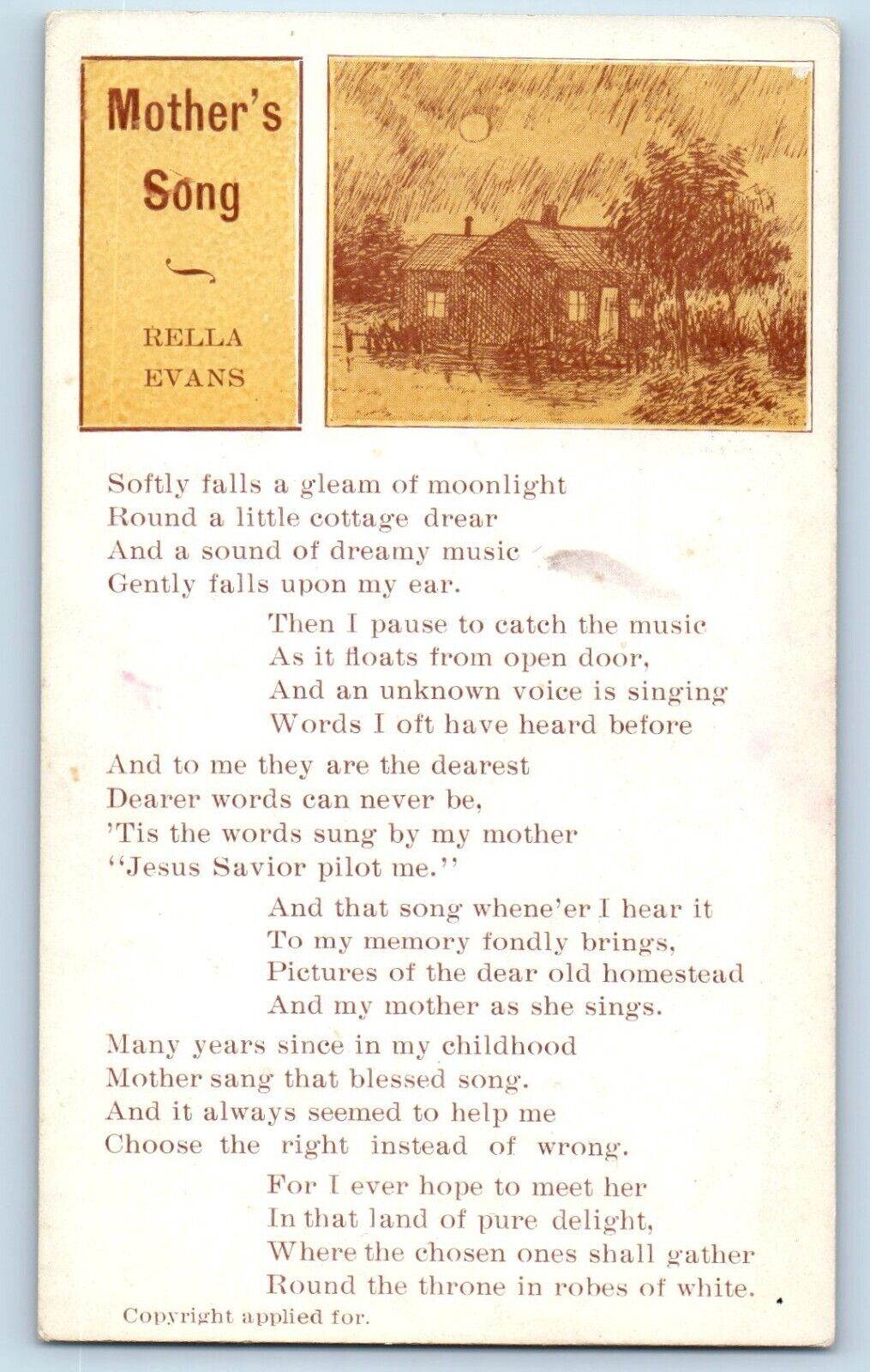 Mothers Song Postcard Rella Evans Mothers Day House Scene c1910's Antique