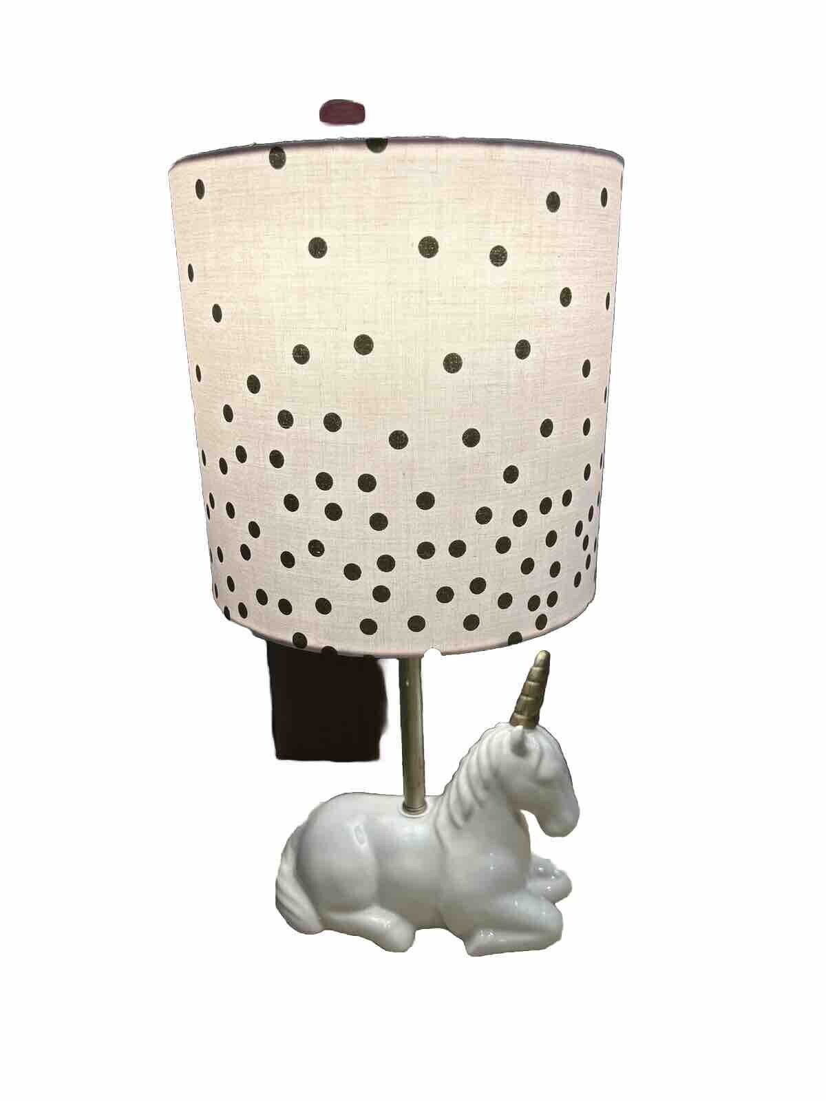 Ceramic White Unicorn Table Lamp 16” Tall Light Pink/gold Polka Dot Shade Works