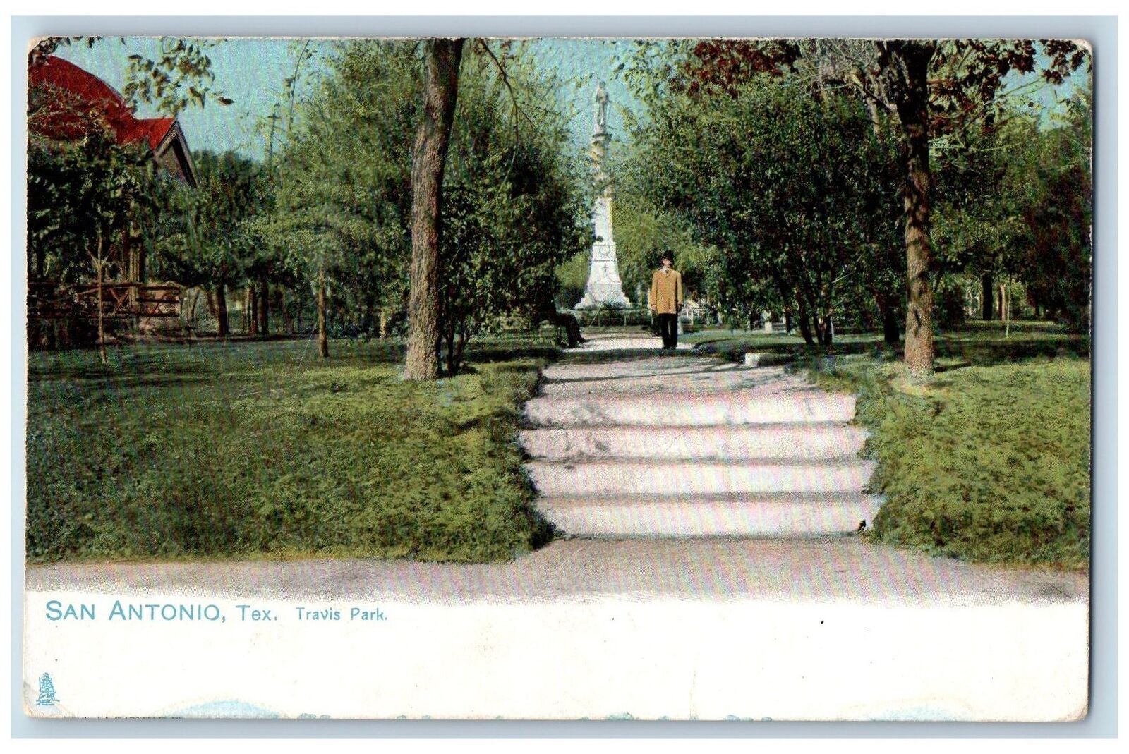 San Antonio Texas TX Postcard Travis Park Statue Man Scene c1905\'s Tuck Antique