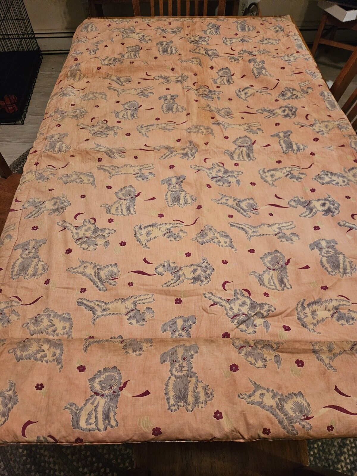 Vintage 1930s Crib Blanket Pink With Scotty Dogs and Kittens
