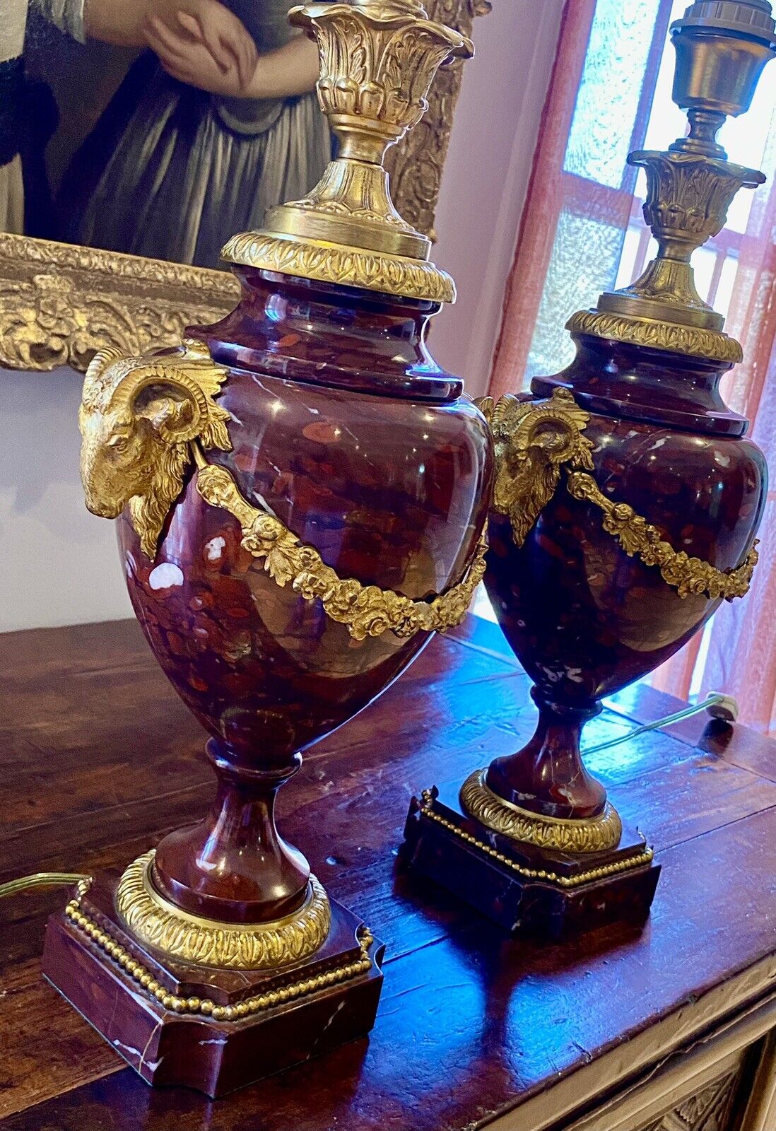 ANTIQUE FRENCH D’ORE  BRONZE ROUGE MARBLE VASES LAMPS RAMS HANDLES MAGNIFICENT