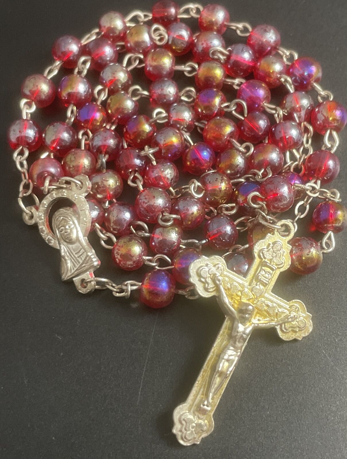 Catholic Iridescent Red Glass Rosary, Silver Tone Crucifix Italy