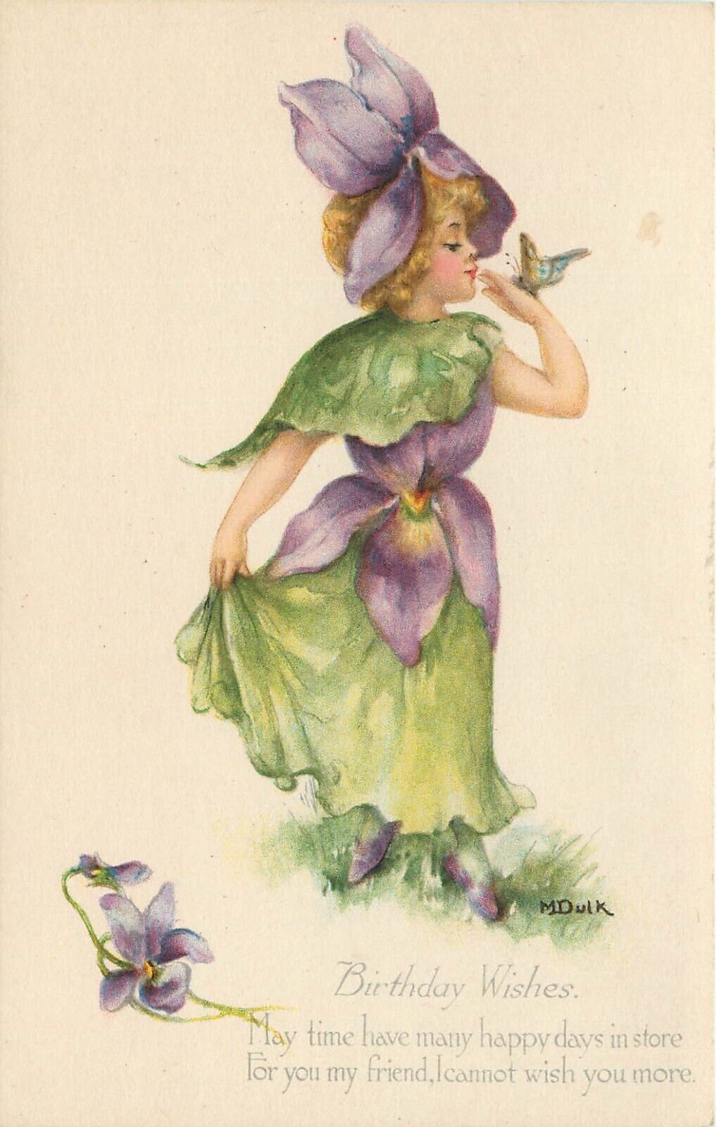 Gibson Art Co Birthday Postcard 252. Purple Violet Flower Fairy, Signed M. Dulk