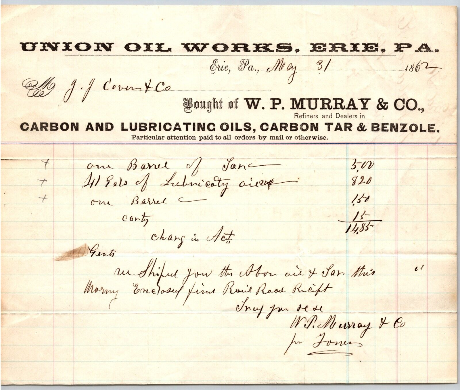Union Oil Works W.P. Murray & Co Lubricating Erie, PA 1862 Letterhead VGC Scarce