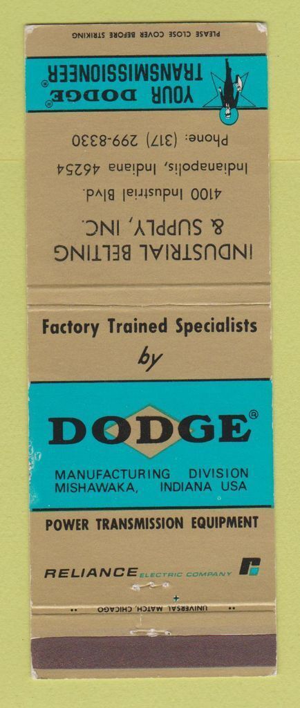 Matchbook Cover - Dodge Transmissions Industrial Belting Indianapolis IN