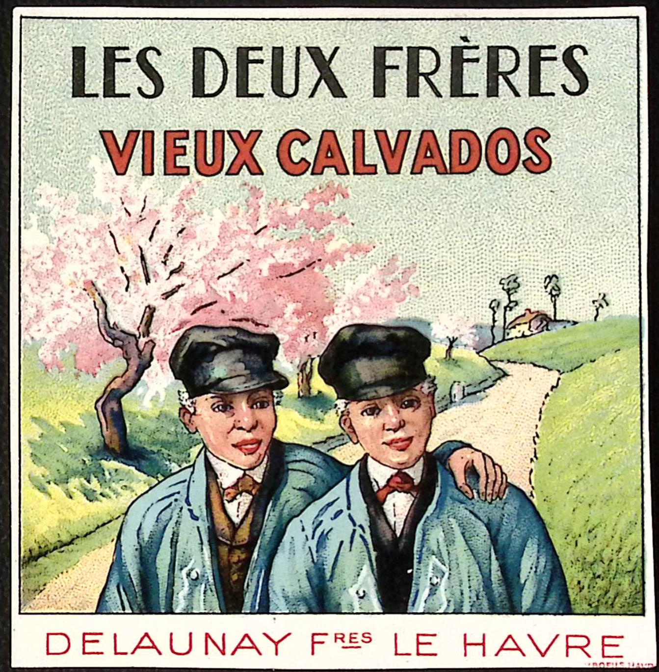 1920s Le Deux Freres Vieux Calvados Two Old Brothers FRENCH Cigar Box Label