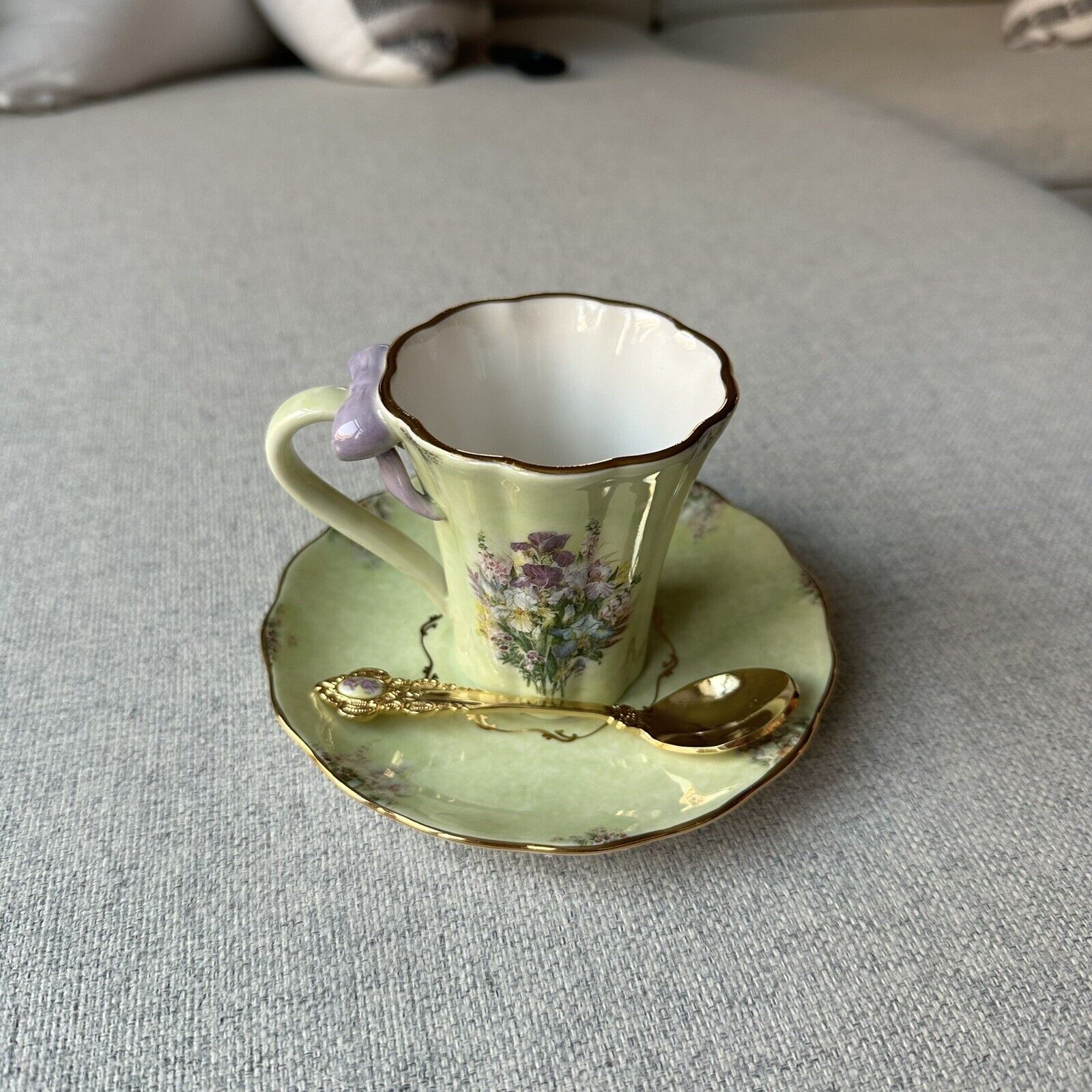 Vintage Bradford Edition “Iris Medley” Tea Cup Saucer and Sugar Spoon Set