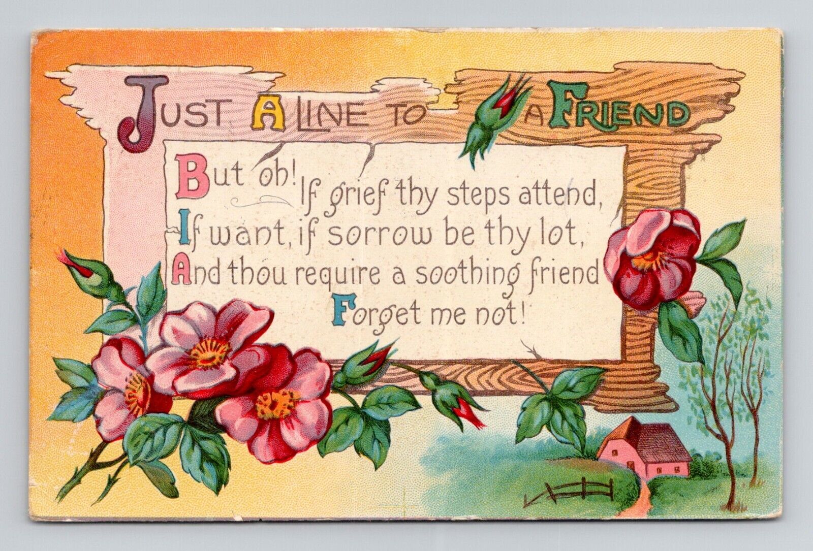 Postcard Floral Greeting Pink Flowers & Friendship Poem, Antique i17