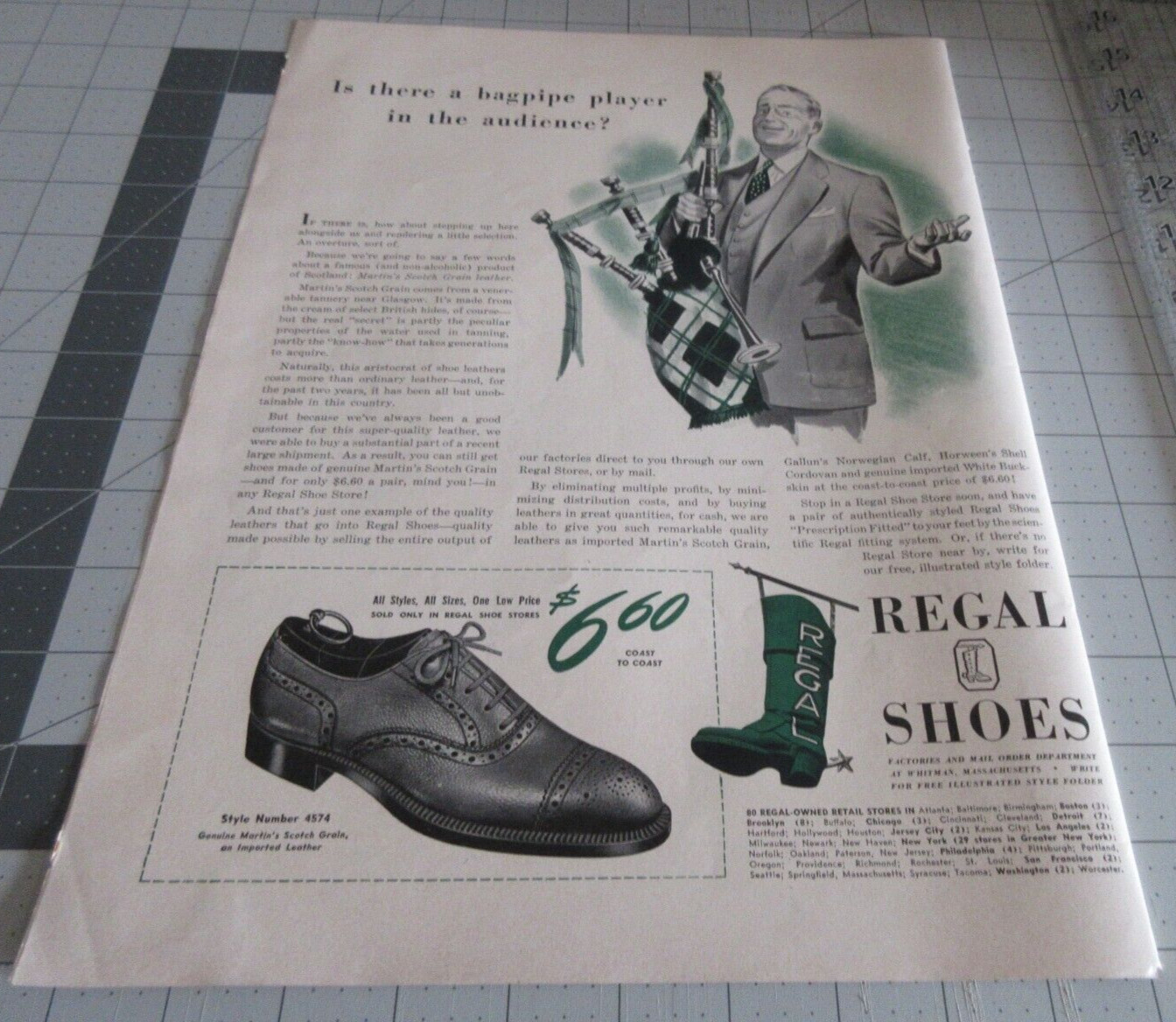 1942 Regal Shoes Bagpipe Player, Vintage Print Ad WWII ERA