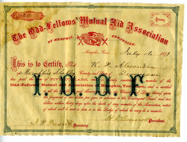 1871 Odd Fellows Mutual Aid Asso Certificate Memphis TN