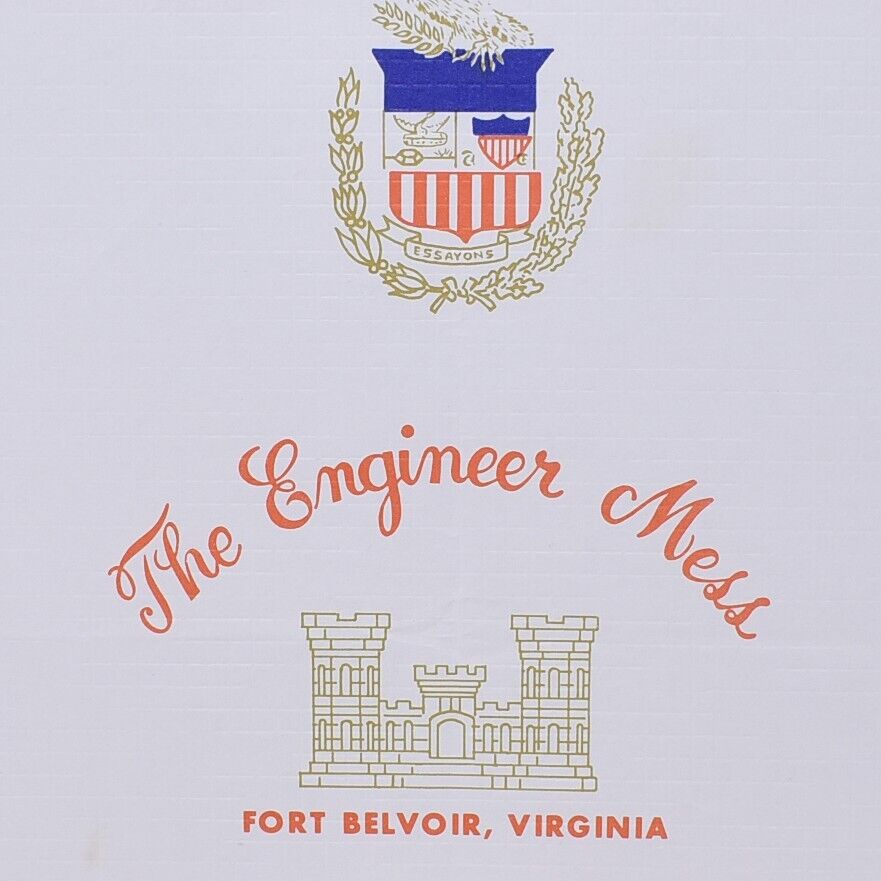 1950s US Army Base The Engineer Mess Restaurant Placemat Fort Belvoir Virginia