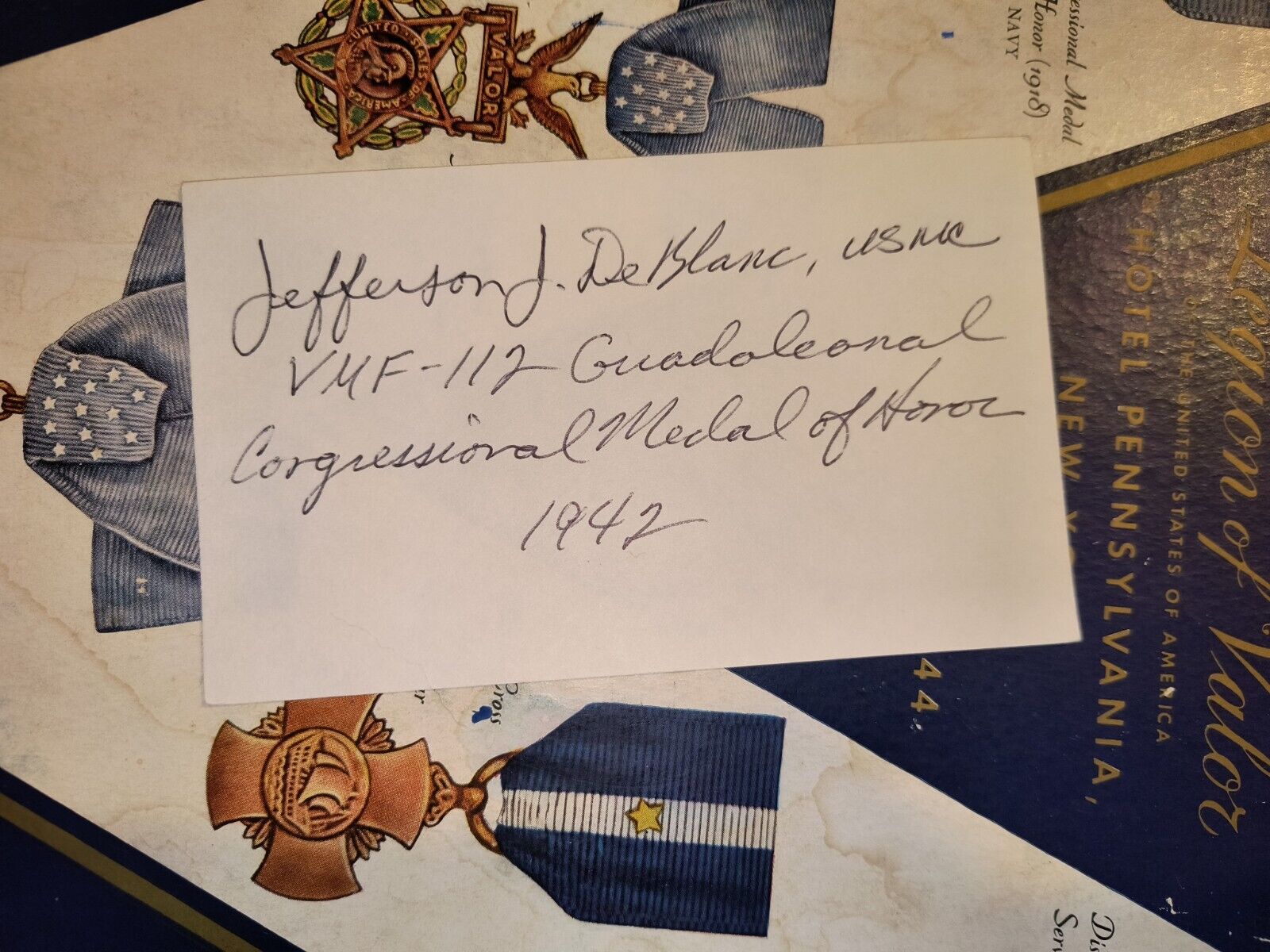 WWII Ace and Medal of Honor Recipient Col. JEFFERSON J. DEBLANC, USMC Signed 3x5