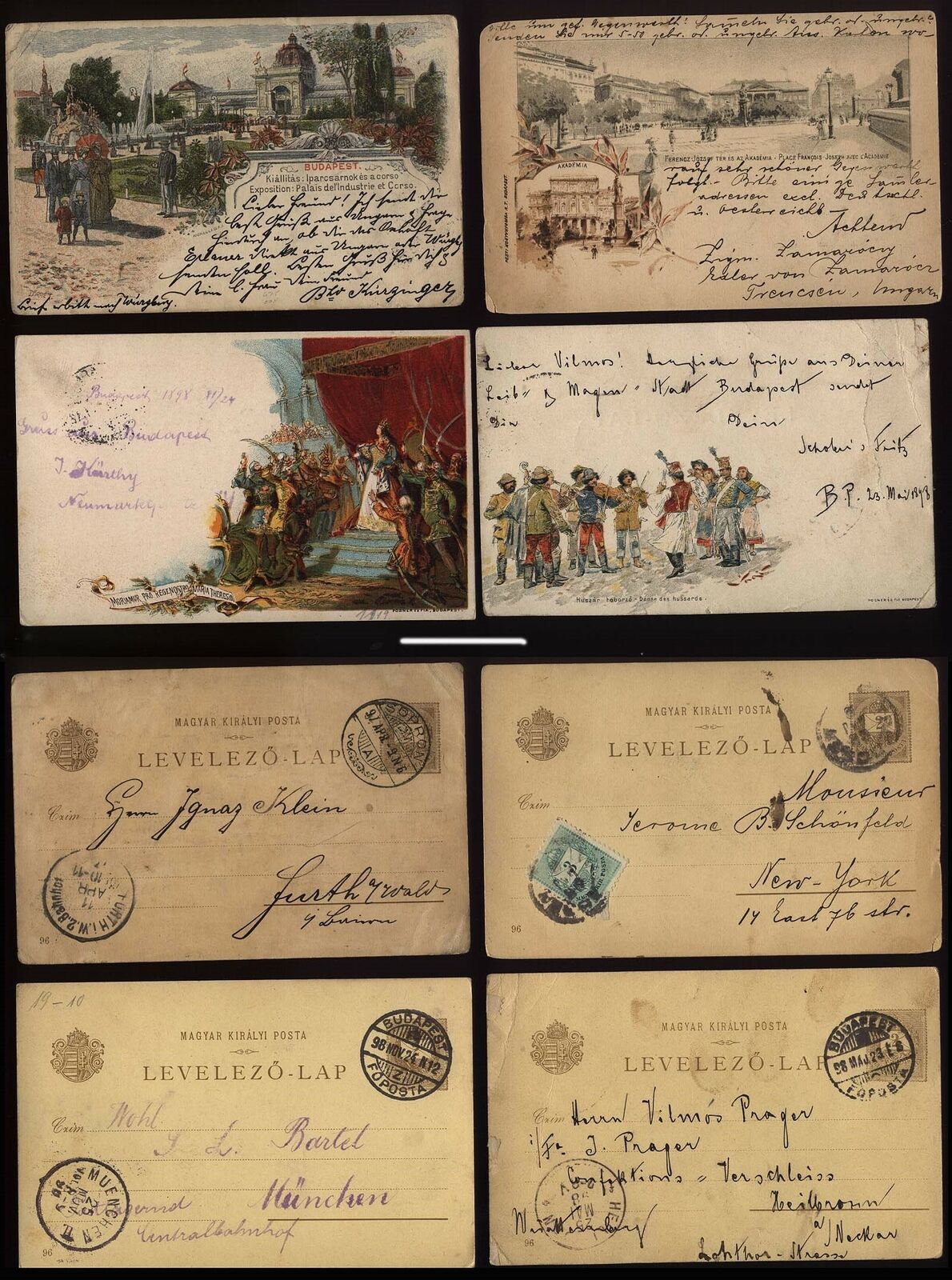 1897-99 HUNGARY four PICTORIAL Coloured Postal Stationery Cards, one to USA