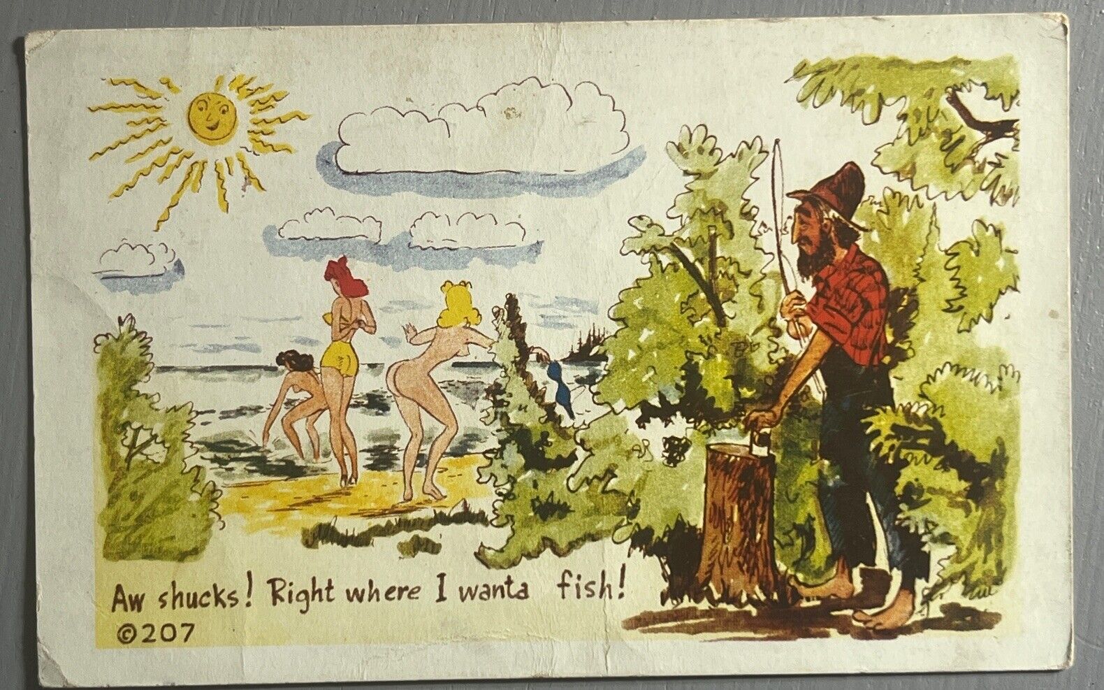 Comic Postcard Risque Humor Skinny Dipping Women Fishing HIllbilly 1951 VJ