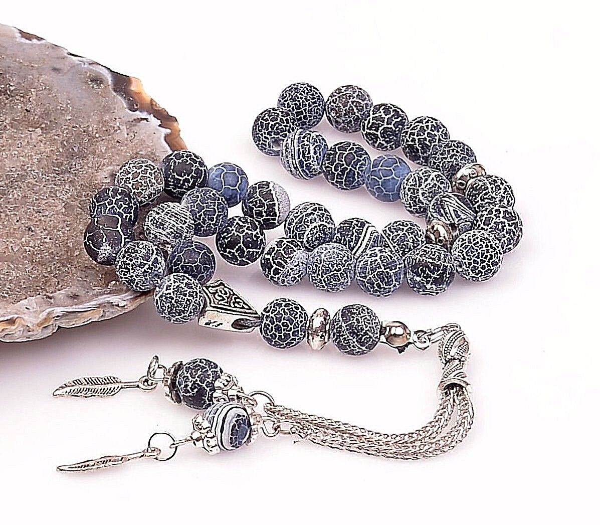 REAL Blue Agate Stone Islamic Prayer 33 beads Tasbih Misbaha Rosary Tasbeeh 8mm