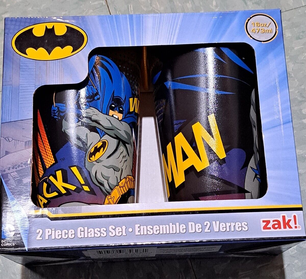 LOT OF 2 BATMAN GLASS CUPS (16 oz) in box DC COMICS