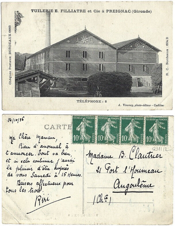 CPA 1926 Vimeney Factory Tuilerie E. FILLIATRE et Cie PREIGNAC 33 Gironde (1040)