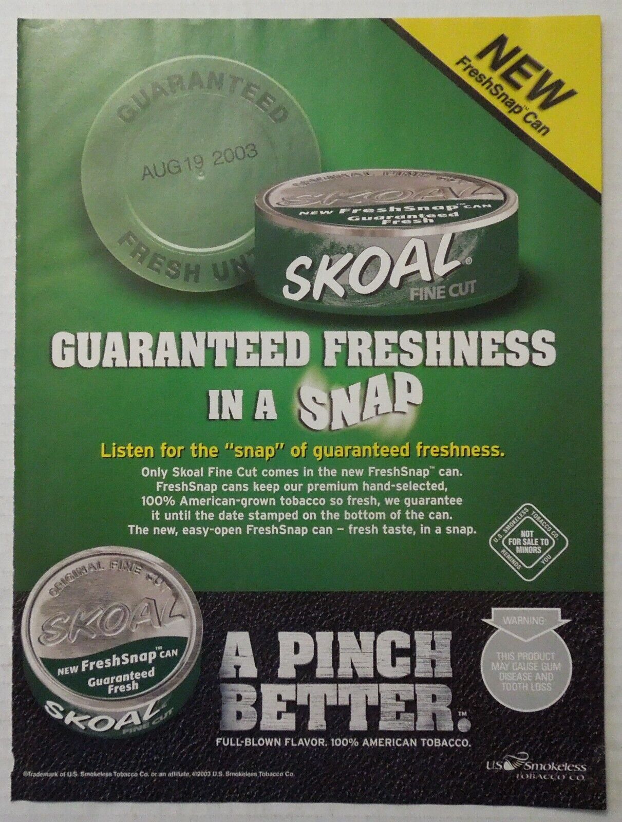 2003 SKOAL New FreshSnap Can Guaranteed Fresh Magazine Ad