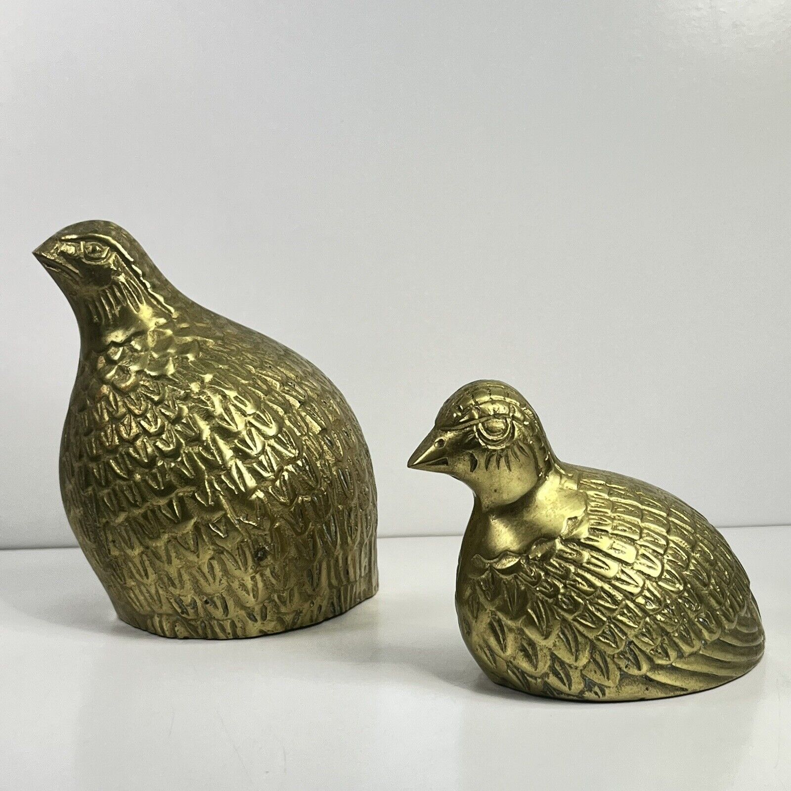2 VTG MCM Heavy Brass Pheasants Guinea Hens Partridges Game Birds 4.5” & 3” Tall