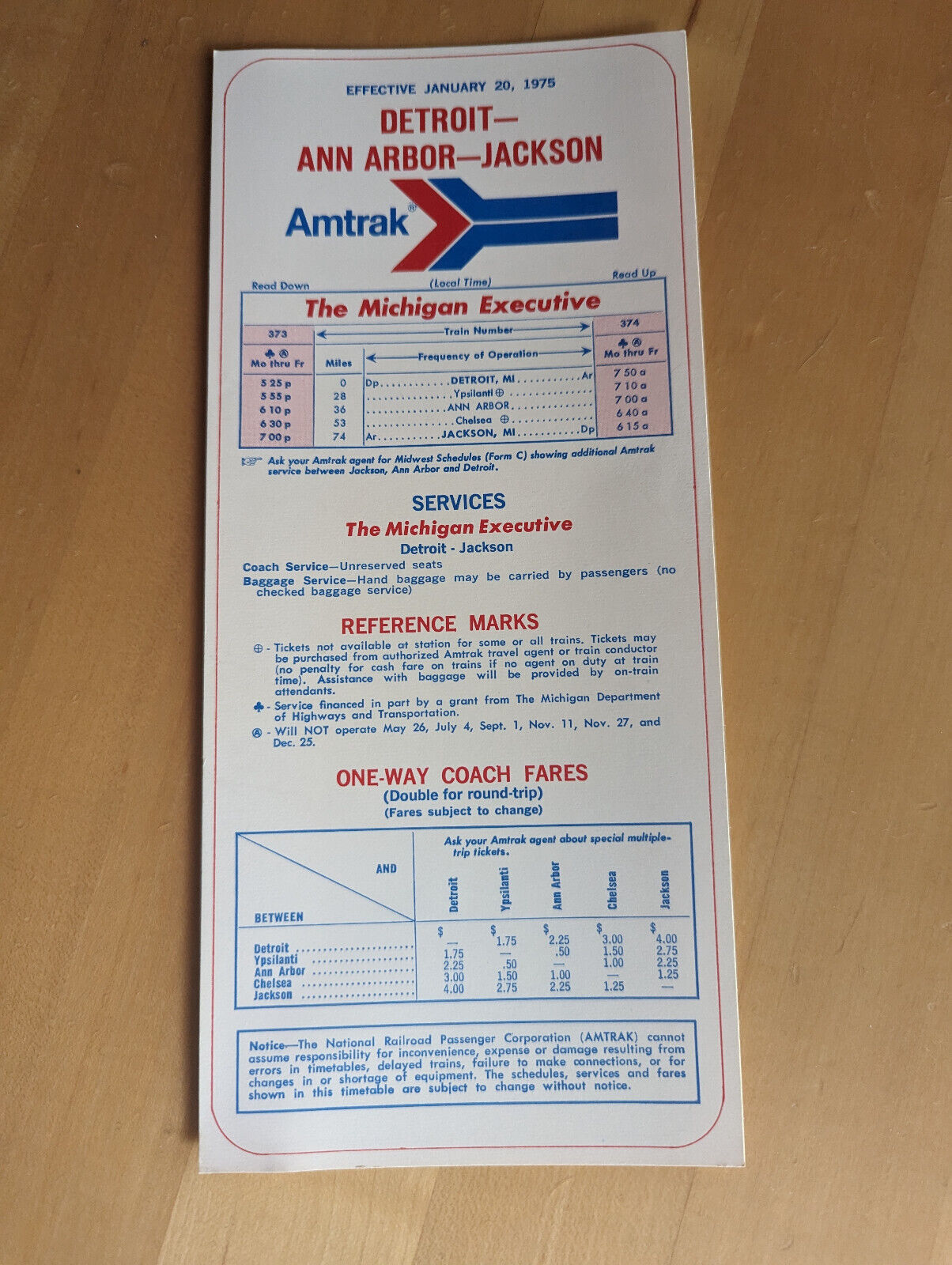 Amtrak Timetable Form C-1 Efffective 1/20/75, Detroit-Jackson
