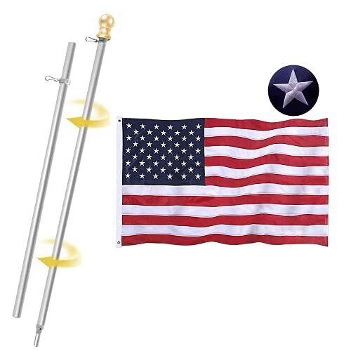 3x5 FT US Flag with Pole 6 FT Tangle Free Spinning Aluminum Flagpole, Embroid...