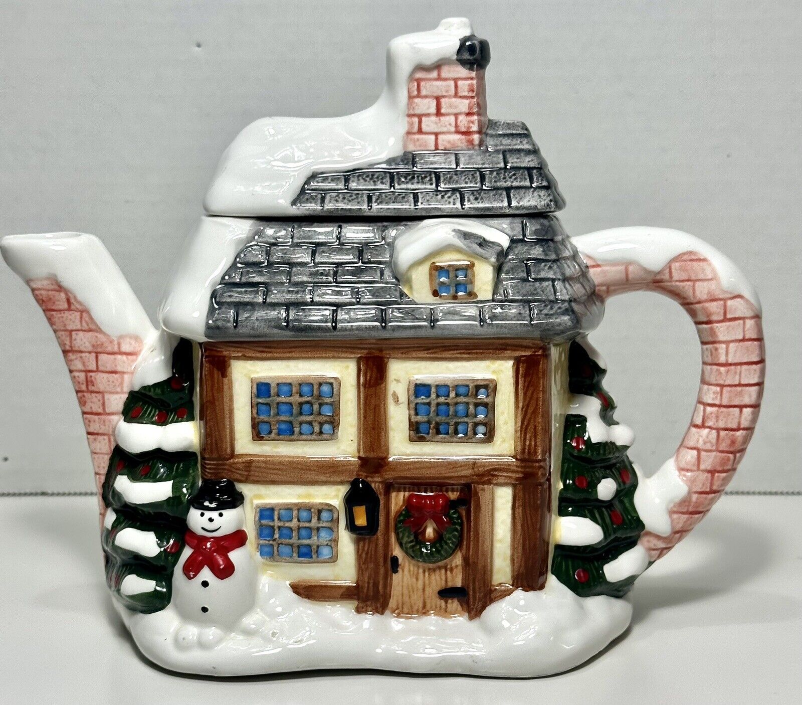 Vintage Winter Christmas Village Cottage Decorative Teapot Snowman House