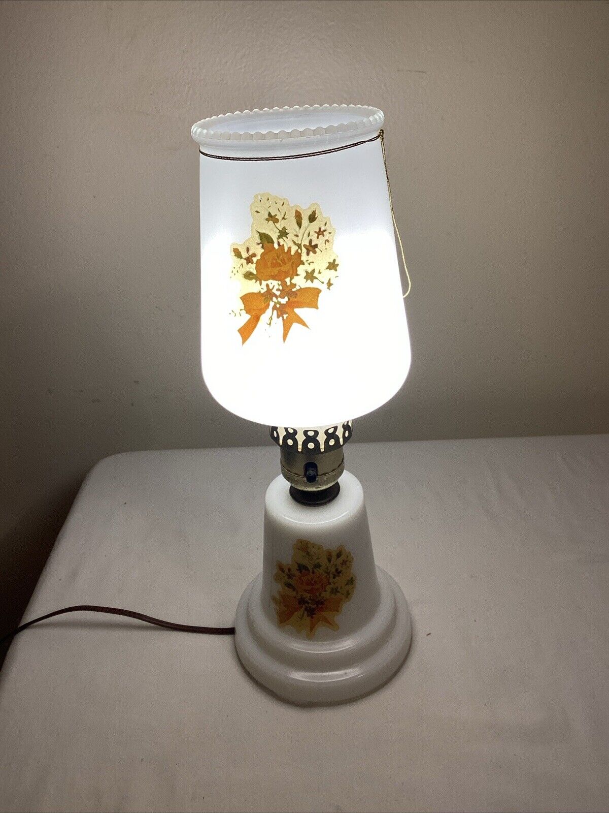 Vintage Milk White Glass Lamp With Floral Design