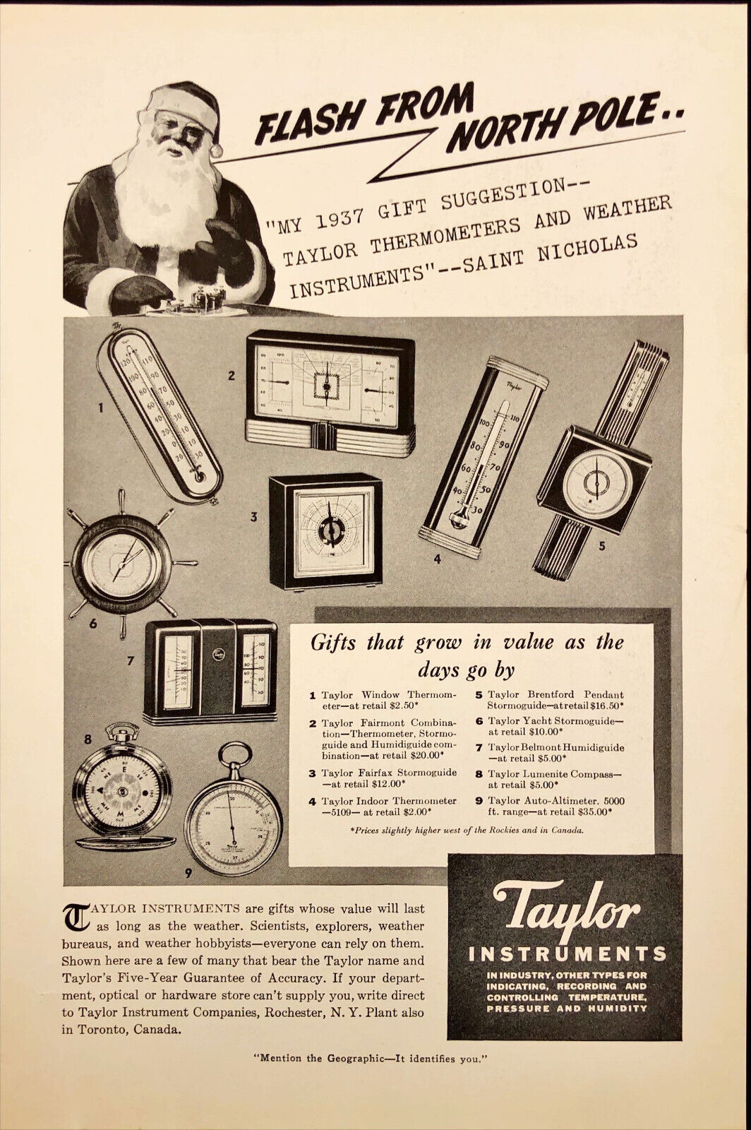 1937 Taylor Instruments Thermometers and Weather Vintage Print Ad Christmas
