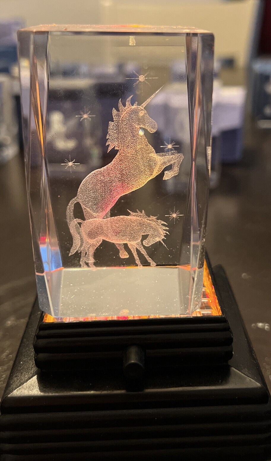 3D Etched Glass Block Unicorn Momma And Baby 3in X 2in