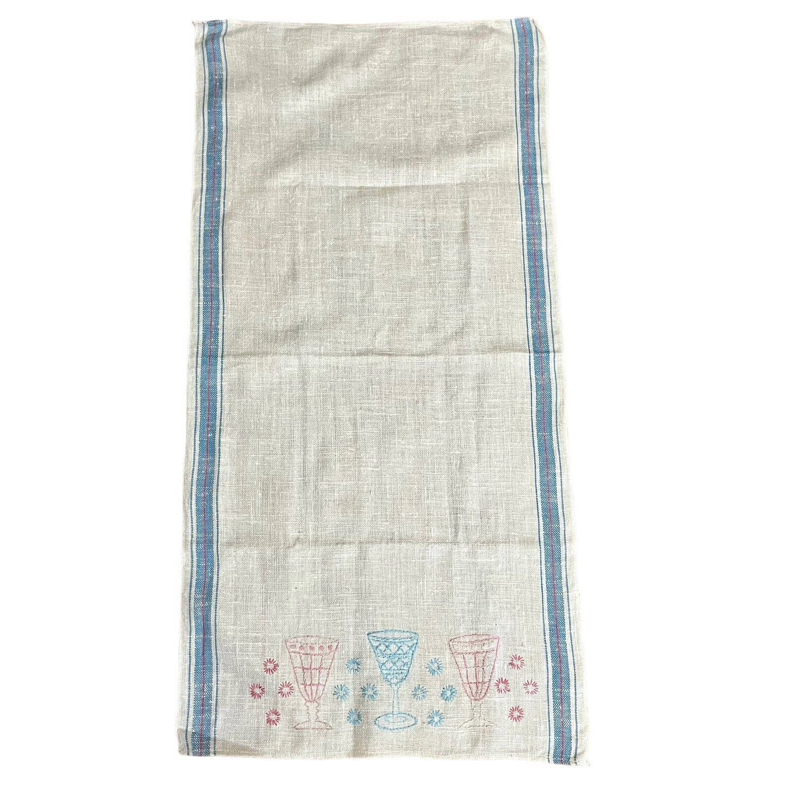 Vtg 50s Embroidered Kitchen Tea Towel Pink Blue Glasses Table Runner Cottagecore