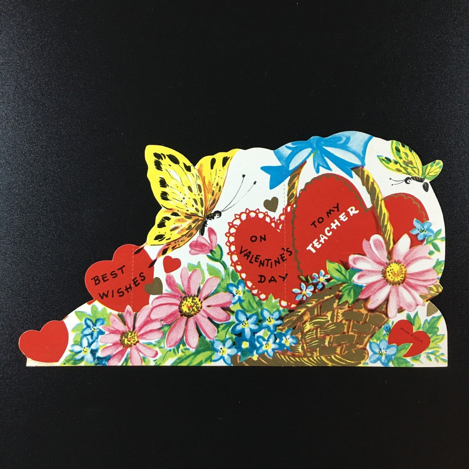Vtg Valentines 1950s Large Teacher Card Flowers Butterflies Gold Highlights