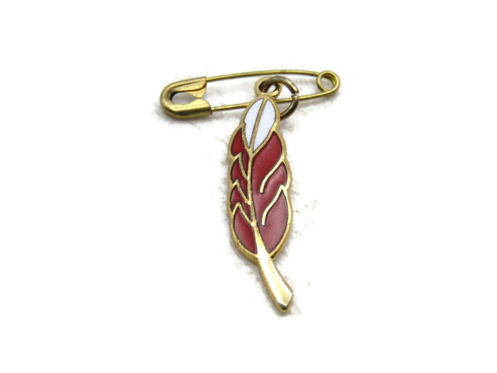 Red & White Feather Pin Gold Tone
