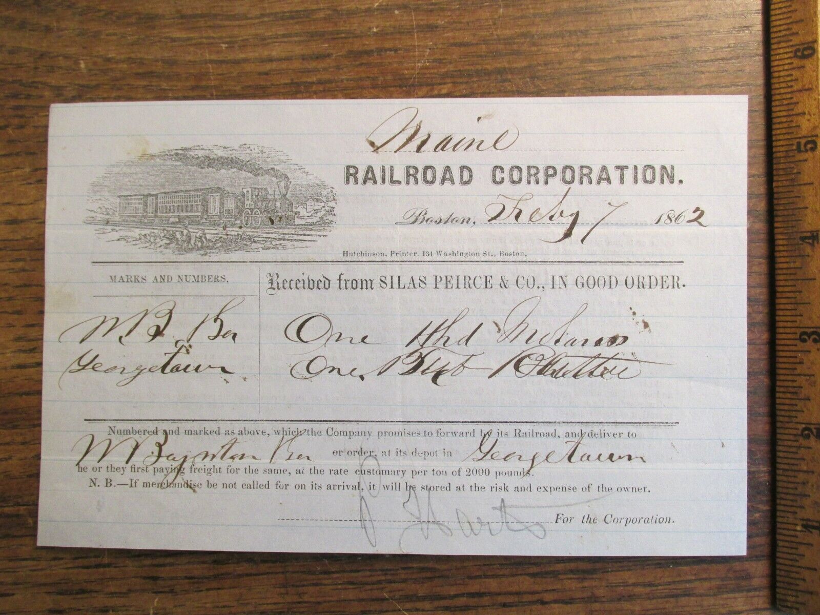 Antique Ephemera Illus Billhead 1862 Maine Railroad Corporation Boston MA