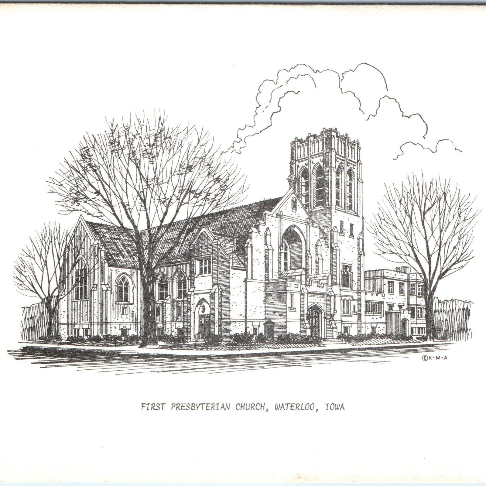 c1950s Waterloo IA First Presbyterian Church Bi-Fold Card Art Sketch Franklin M7